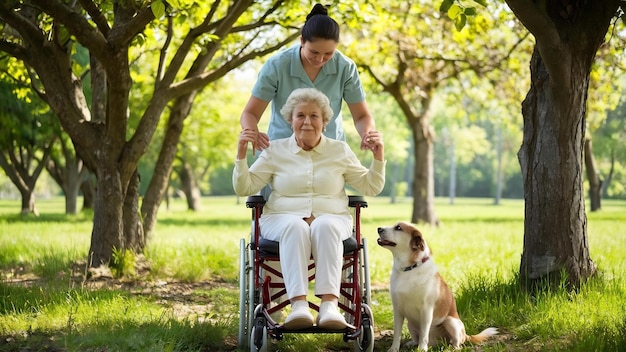 Seniorin der Physiotherapie mit Rollstuhl im Park