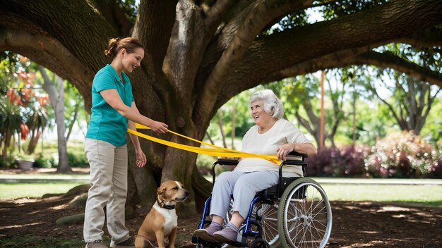 Seniorin der Physiotherapie mit Rollstuhl im Park