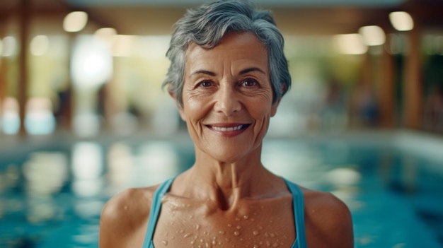 Seniorin in gutem Gesundheitszustand und im Ruhestand, die in die Kamera starrt, während sie im Pool steht. Glückliche ältere Frau in gutem Gesundheitszustand, die einen aktiven Lebensstil führt. Die generative KI