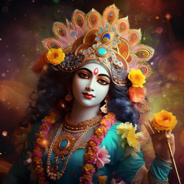 El Señor Bal Krishna con papel pintado de fondo colorido