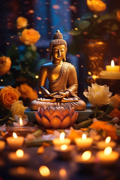 Foto un señor buda se sienta en el día de vesak buda purnima con espacio de copia fondo para el día del festival de vesak