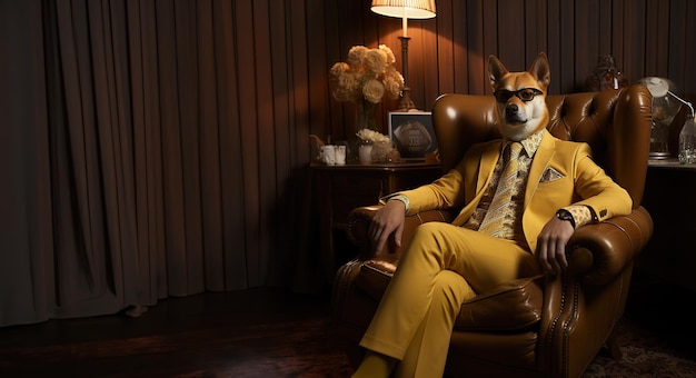 Señor dogecoin en un traje amarillo sentado en una silla criptomoneda