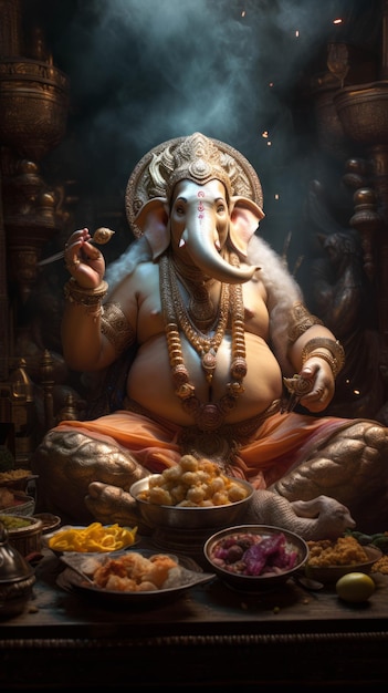 Foto el señor ganesh comiendo mockup de laddos