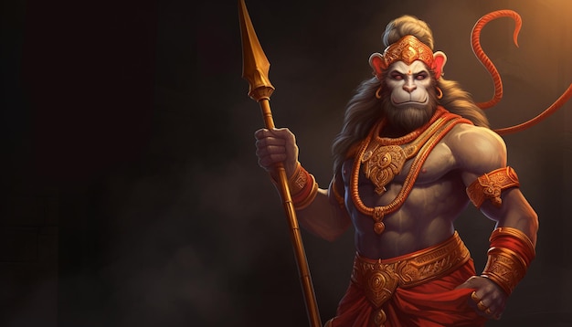 Foto el señor hanuman con una lanza en la mano está de pie frente a un fondo negro