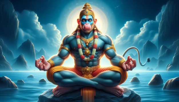 Señor Hanuman en el medio del océano Hanuman ji meditación