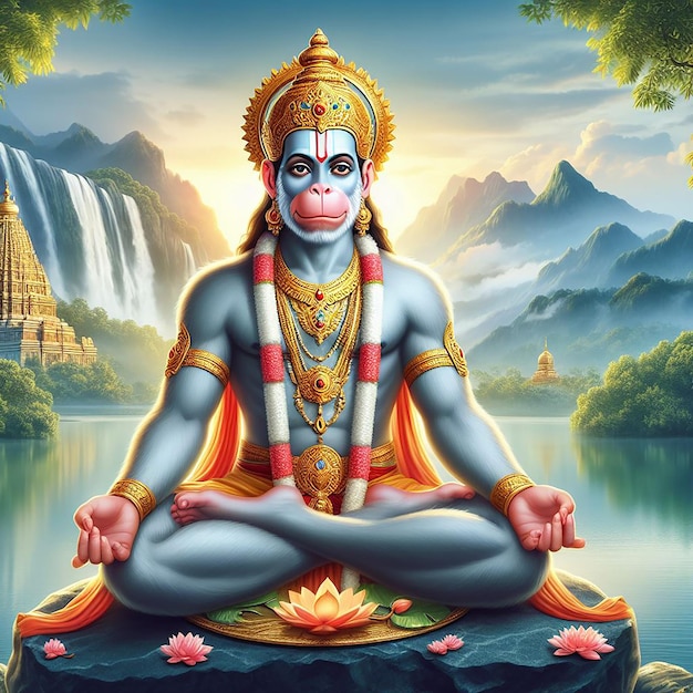 El Señor Hanuman meditando en un fondo pacífico ai generado