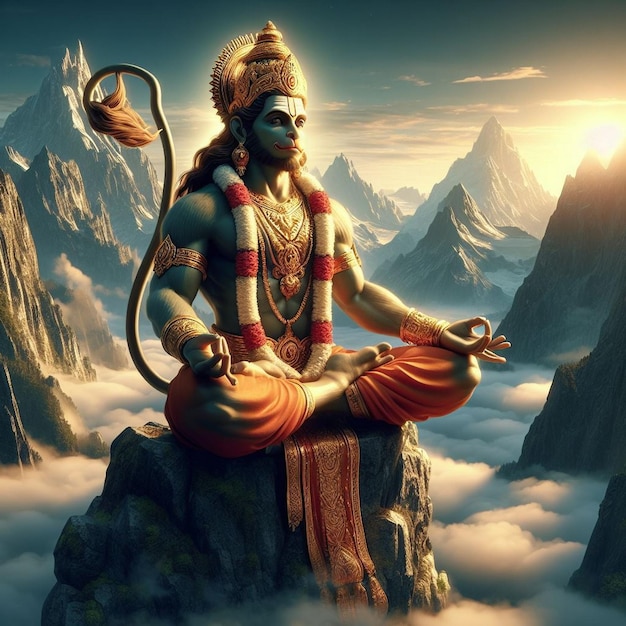 El señor hindú Hanuman orando en la orilla del río