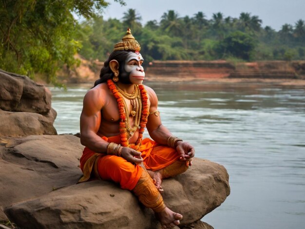 El señor hindú Hanuman orando en la orilla del río