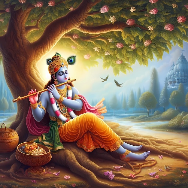 El Señor Krishna estaba sentado bajo un árbol sombreado tocando la flauta.