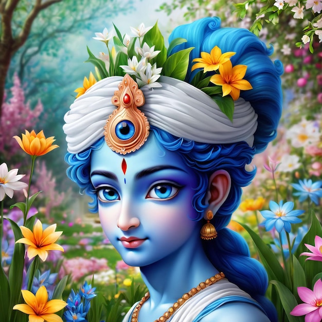 El Señor Krishna en el jardín de flores de primavera