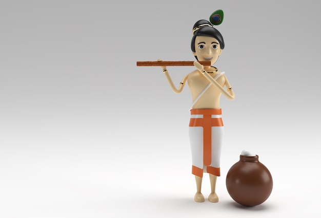 El Señor Krishna tocando bansuri (flauta) con una olla de mantequilla. Ilustración de render 3D.