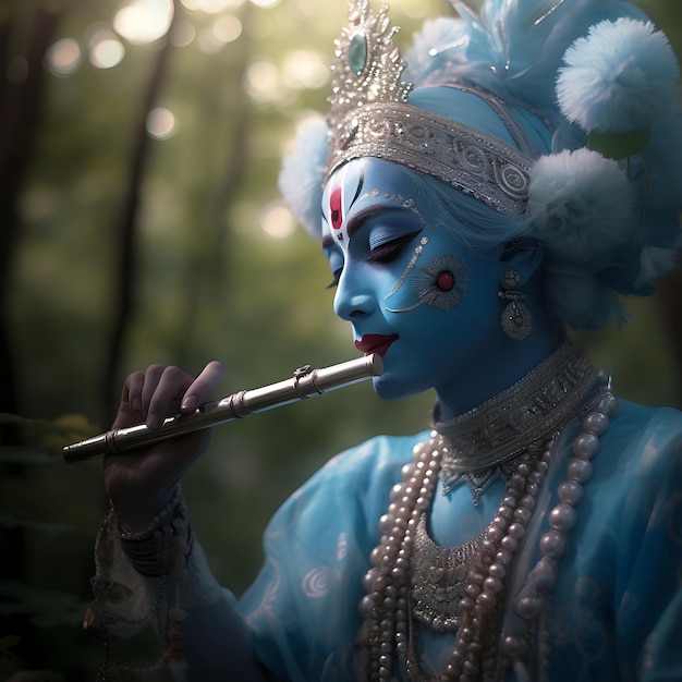 el señor Krishna tocando la flauta en el bosque