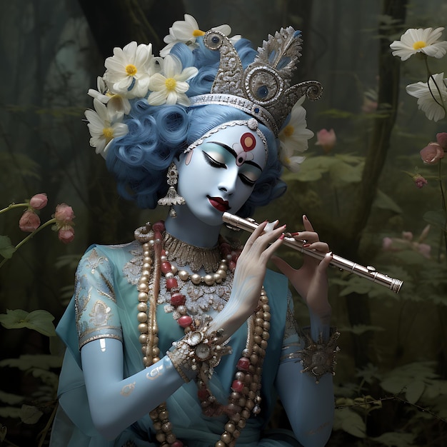 el señor Krishna tocando la flauta en el bosque