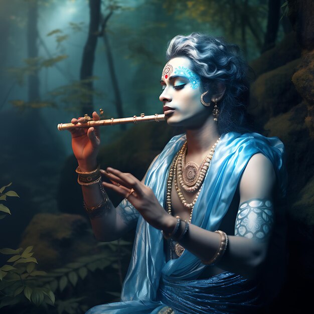 el señor Krishna tocando la flauta en el bosque