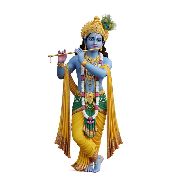El Señor Krishna tocando la flauta con una pluma de pavo real