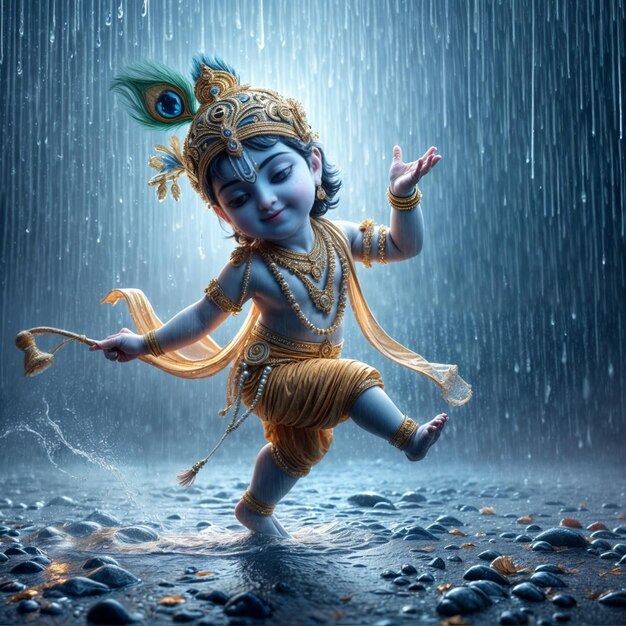 El Señor Krishna se ve sereno bajo la lluvia calmante