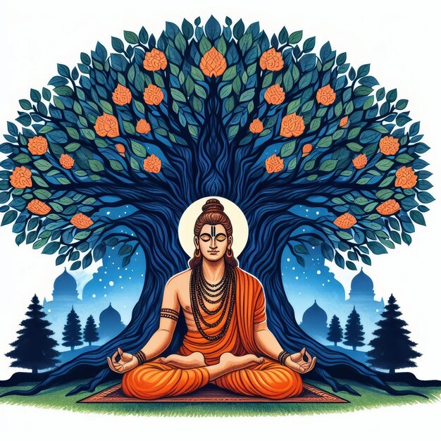 El Señor Mahavir Jayanti está meditando bajo un árbol.