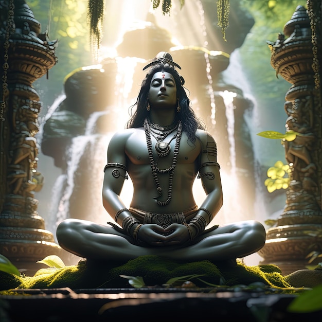 El Señor Shiv Shiv Ji meditación en las cataratas Generativo ai Mahadev ji meditación en el río y el agua