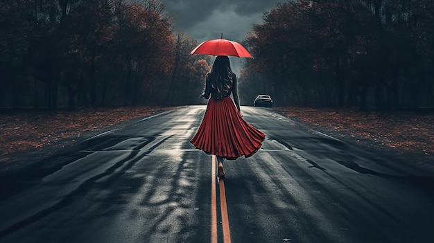 Señora con abrigo rojo caminando por la carretera bajo la lluvia