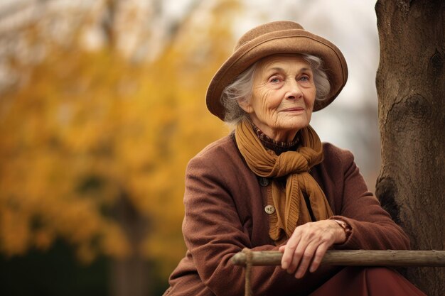 Señora anciana al aire libre con espacio para copiar