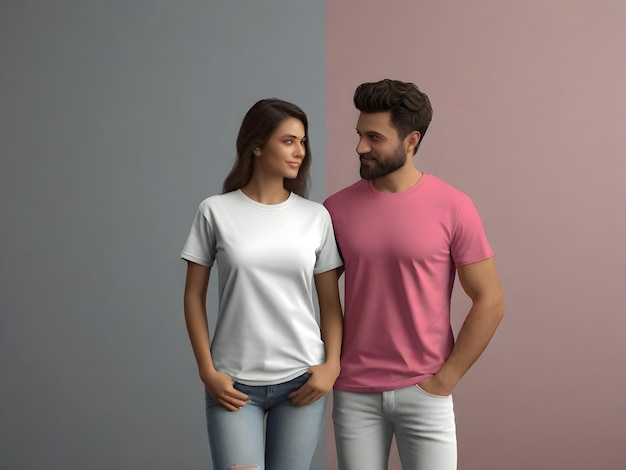 Señora como pareja vestida con camiseta blanca rosa en blanco sobre fondo claro Plantilla de diseño de maqueta de camiseta