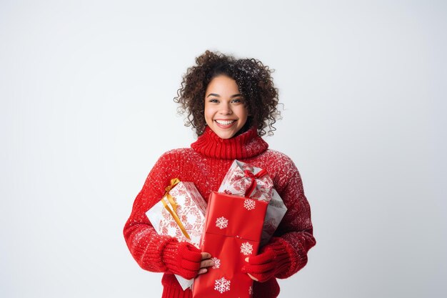 Señora compradora festiva con un suéter navideño rojo y bolsas de regalo sobre lienzo blanco como la nieve