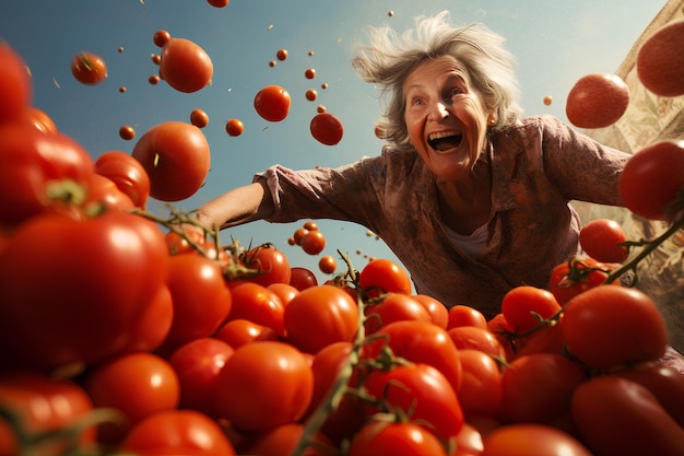 Señora envejecida en un remolino de emoción de tomates