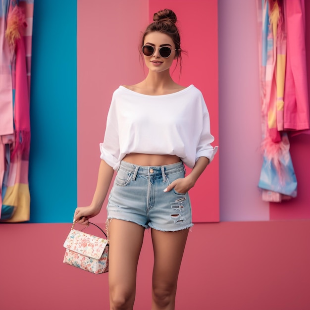 Foto señora feliz con gafas de sol de pie con coloridas bolsas de compras en las manos sobre un fondo rosa joven