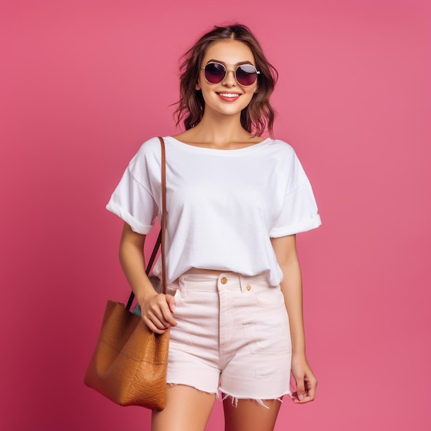 Señora feliz con gafas de sol de pie con coloridas bolsas de compras en las manos sobre un fondo rosa joven