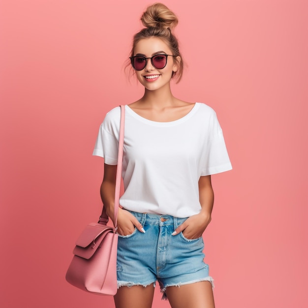 Señora feliz con gafas de sol de pie con coloridas bolsas de compras en las manos sobre un fondo rosa joven