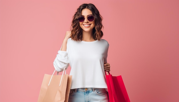 Foto señora feliz con gafas de sol de pie con coloridas bolsas de compras en las manos sobre fondo rosa