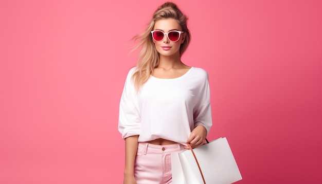 Foto señora feliz con gafas de sol de pie con coloridas bolsas de compras en las manos sobre fondo rosa