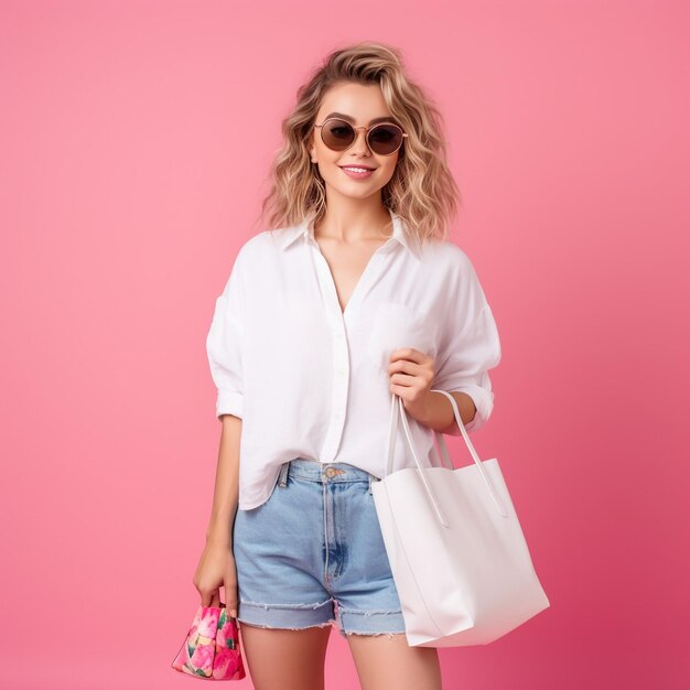 Señora feliz con gafas de sol de pie con coloridas bolsas de compras en las manos sobre fondo rosa