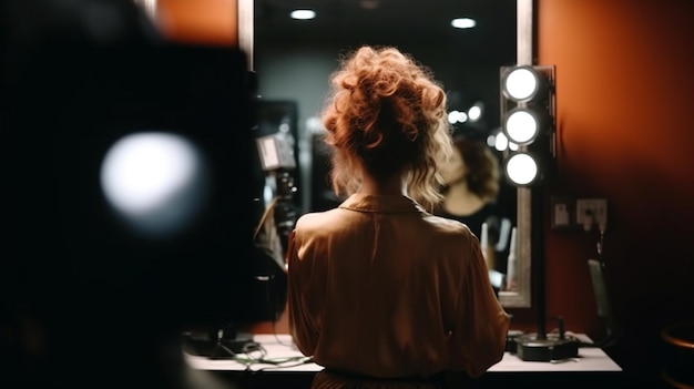 señora jefa en el salón de belleza haciendo peluquería y mirándose en el espejo