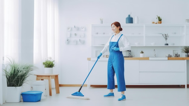 Señora de la limpieza en guantes sosteniendo un trapeador trabajando en un moderno servicio de limpieza en el hogar