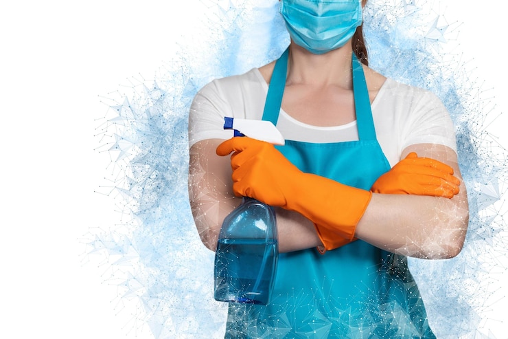 Foto señora de la limpieza con spray en sus manos en el fondo de una red de conexiones