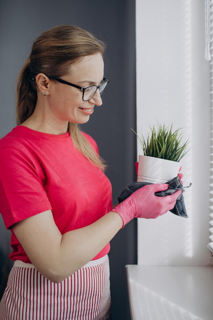 Señora madura limpiando olla blanca con flor cerca de la ventana