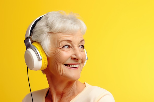 Señora mayor caucásica con pelo gris usando auriculares para disfrutar sobre un fondo amarillo