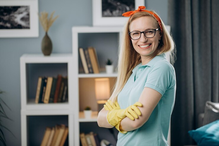 Señora sonriente posando en cámara con guantes protectores de goma