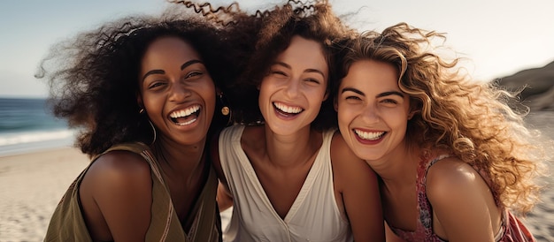 Señoras multirraciales felizmente pasando tiempo juntas en la playa disfrutando de sus vacaciones junto al océano