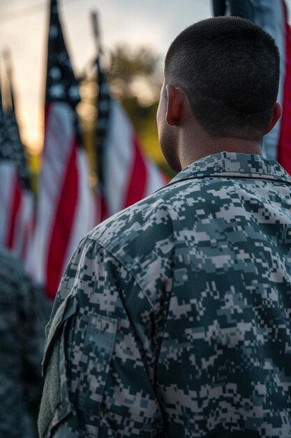 Foto señorías, día de los veteranos, día conmemorativo, soldados y traje militar de camuflaje.