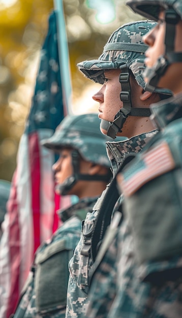 Foto señorías, día de los veteranos, día conmemorativo, soldados y traje militar de camuflaje.