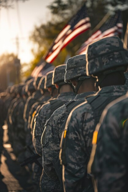 Foto señorías, día de los veteranos, día conmemorativo, soldados y traje militar de camuflaje.