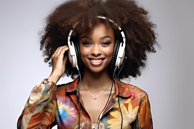 Señorita afro escuchar música vestida con ropa de moda