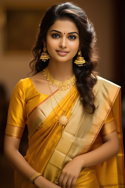 Señorita de Tamil Nadu con sari de seda Kanchipuram que irradia elegancia y encanto cautivador