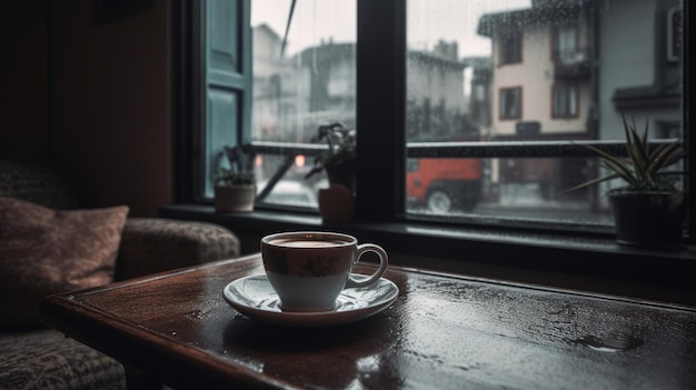 Sensação aconchegante de desfrutar de café em um dia chuvoso gerado por IA