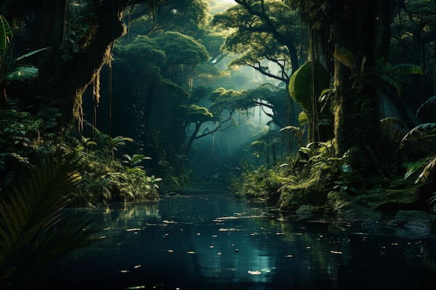 Foto una sensación de misterio se transmite en una escena tranquila ambientada en una selva tropical