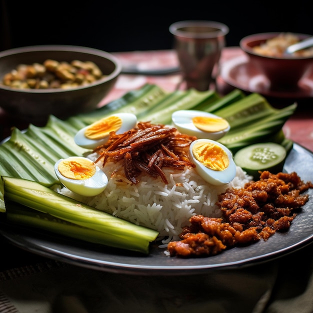 Foto la sensacional sinfonía culinaria de nasi lemak de malasia en el enfoque agudo y el deleite de bokeh