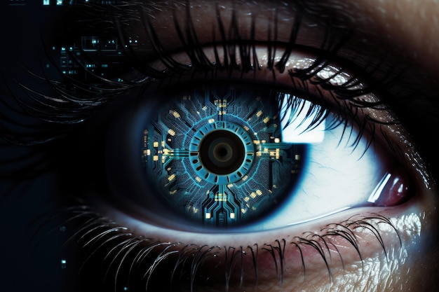 Sensor implantado chip en ojo humanoOjo de inteligencia artificial IA generativa