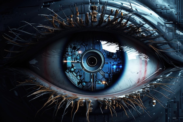 Sensor implantado chip en ojo humanoOjo de inteligencia artificial IA generativa